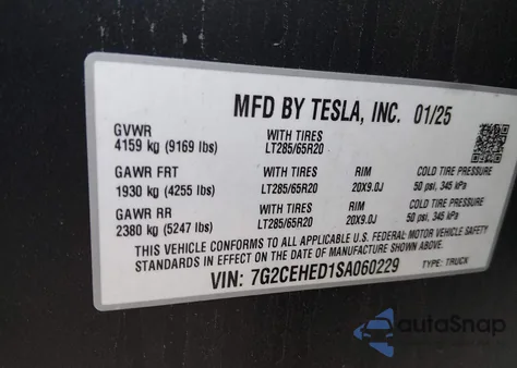 2025 Tesla Cybertruck All-Wheel Drive z USA, uszkodzony, nr VIN 7G2CEHED1SA060229